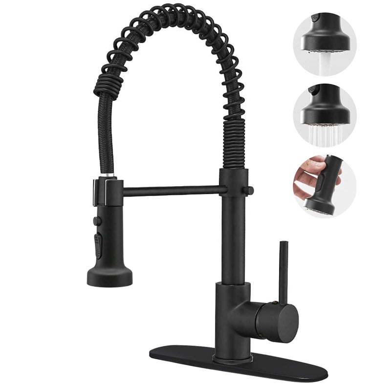 BESy Kitchen Faucet with Three-Function Sprayer Head, Matte Black Finish, Single-Handle, 10-Inch Deck Plate, Brass Material, Easy Installation - Image 1